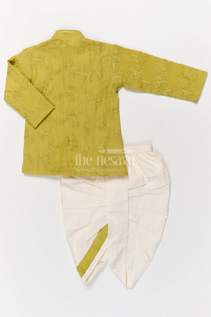 The Nesavu Boys Dothi Set Boys Dhoti Set for Traditional Functions and Festive Wear Nesavu Nesavu boys dhoti set for traditional and festive wear in green viscose blend silk