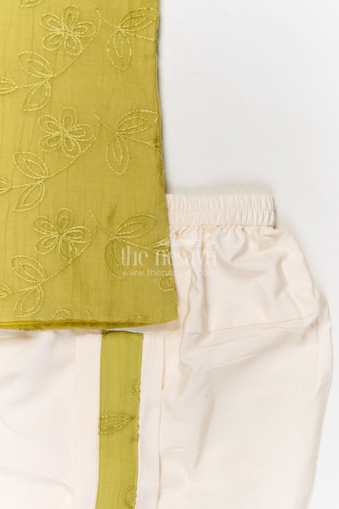 The Nesavu Boys Dothi Set Boys Dhoti Set for Traditional Functions and Festive Wear Nesavu Nesavu boys dhoti set for traditional and festive wear in green viscose blend silk