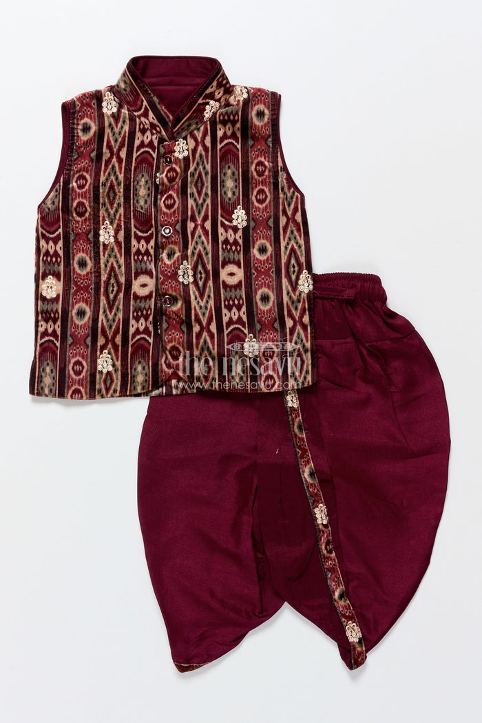 The Nesavu Boys Dothi Set Boys Dhoti Set with Embroidered Velvet Kurta for Festive and Family Occasions Nesavu 14 (6M) / Brown BES878B-14 Nesavu boys velvet embroidered kurta dhoti set  perfect traditional celebrations
