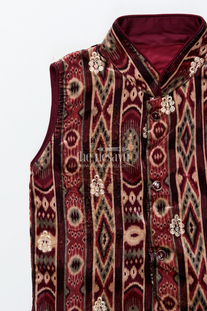 The Nesavu Boys Dothi Set Boys Dhoti Set with Embroidered Velvet Kurta for Festive and Family Occasions Nesavu Nesavu boys velvet embroidered kurta dhoti set  perfect traditional celebrations