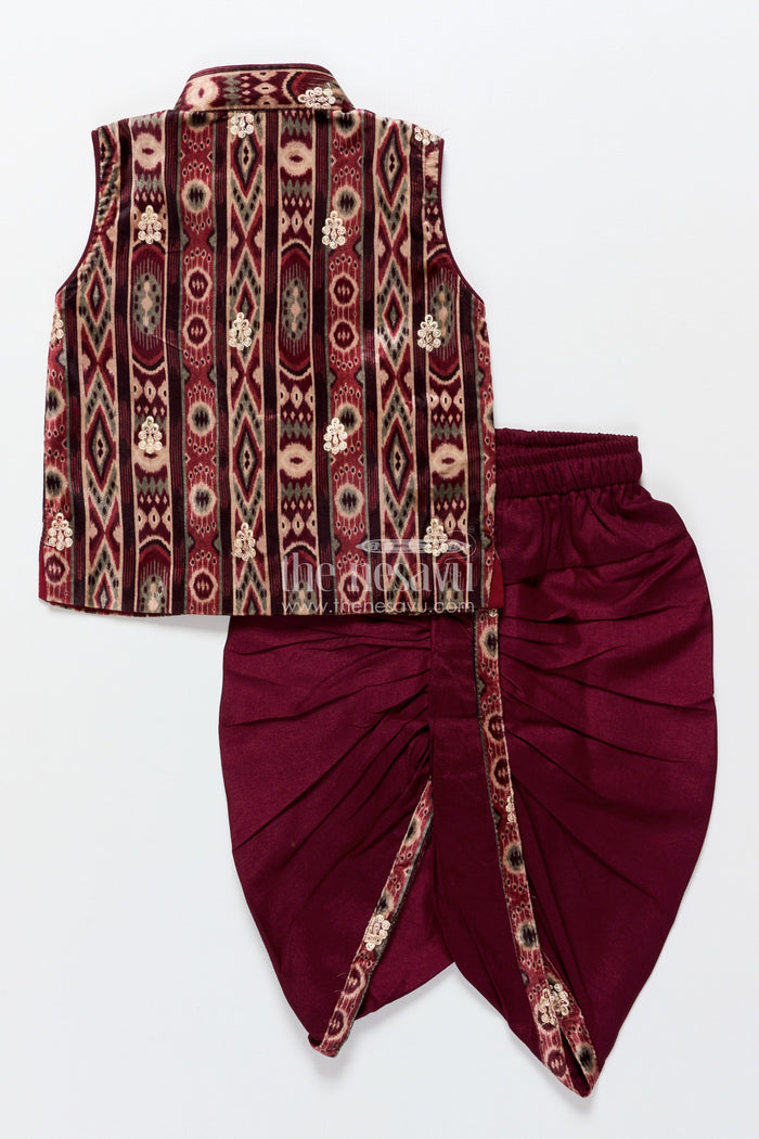 The Nesavu Boys Dothi Set Boys Dhoti Set with Embroidered Velvet Kurta for Festive and Family Occasions Nesavu Nesavu boys velvet embroidered kurta dhoti set  perfect traditional celebrations