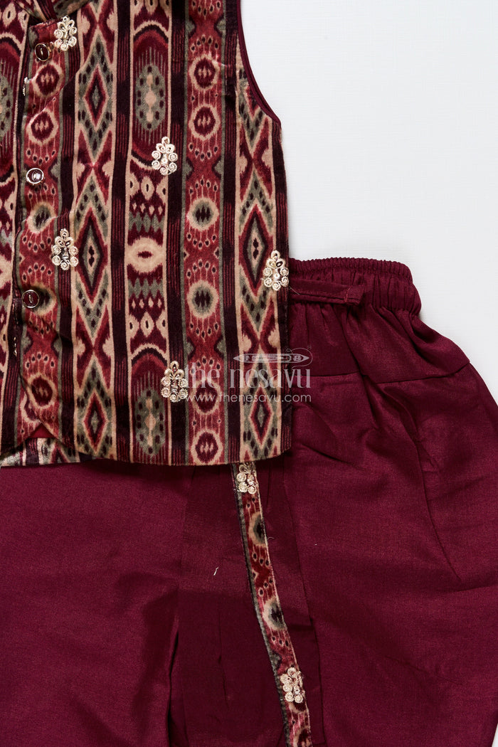 The Nesavu Boys Dothi Set Boys Dhoti Set with Embroidered Velvet Kurta for Festive and Family Occasions Nesavu Nesavu boys velvet embroidered kurta dhoti set  perfect traditional celebrations