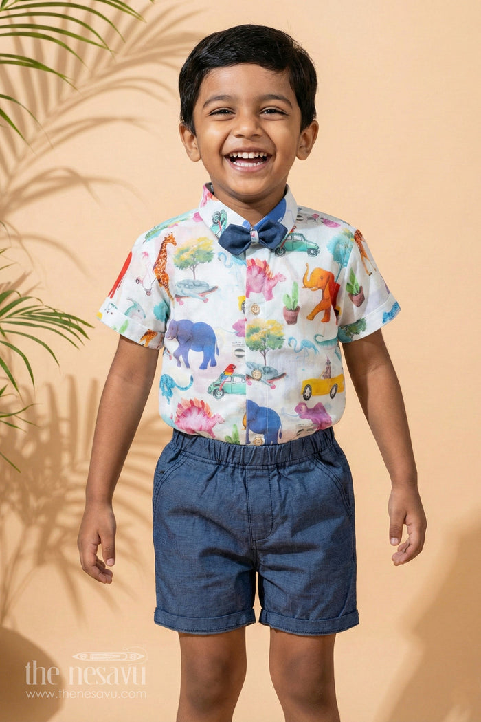 The Nesavu Boys Casual Set Boys Dinosaur Adventure Casual Shirt and Shorts Set-Fun Summer Ensemble Nesavu 10 (NB) / Blue / Muslin Silk BCS011A-10 Buy Boys Dinosaur Print Shirt & Shorts Set | The Nesavu
