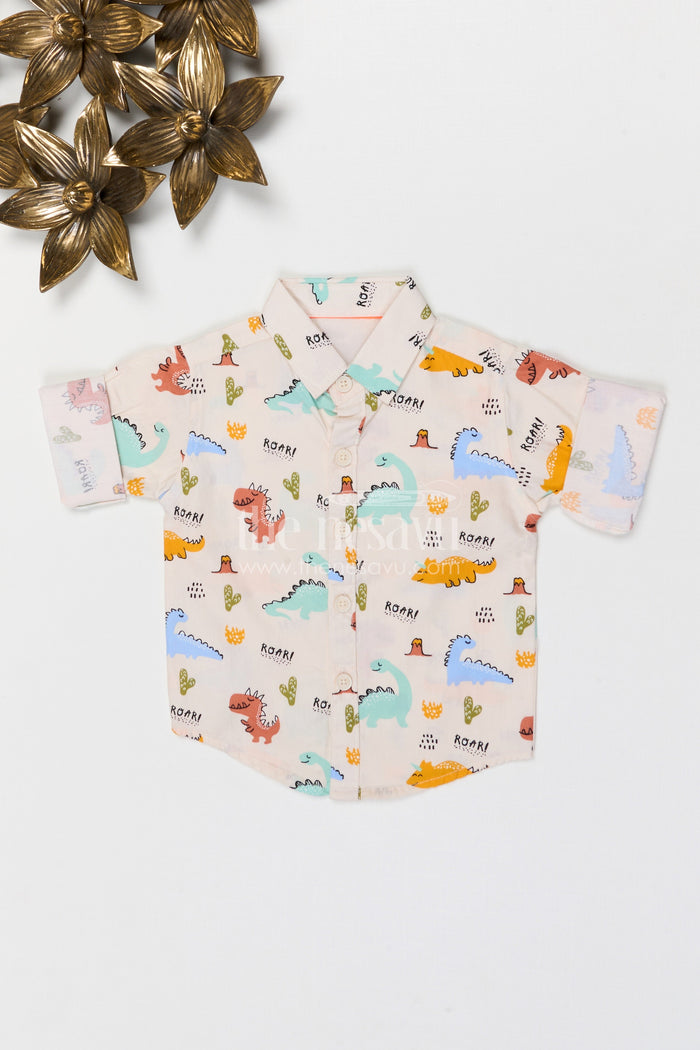 The Nesavu Boys Cotton Shirt Boys Dinosaur Print Cotton Shirt for Casual Outings and Playtime Nesavu 14 (6M) / Cream / Cotton BS427A-14 Nesavu boys cotton dinosaur print shirt for casual outings playful everyday kids wear