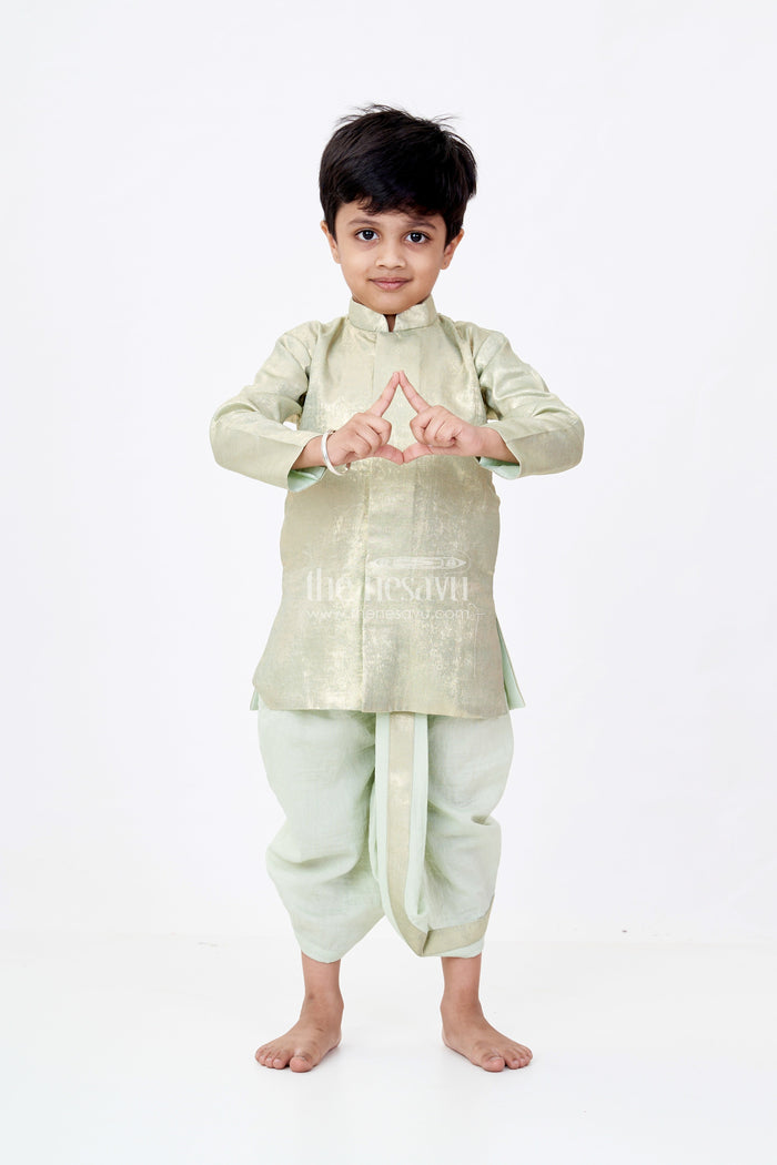 The Nesavu Boys Dothi Set Boys Dothi Set with Gold-Toned Embroidered Kurta and Green Dothi for Traditional Ceremonies Nesavu 10 (NB) / Green BES594A-10 Nesavu Boys Gold-Toned Kurta Green Dothi Set Traditional Events Special Occasions