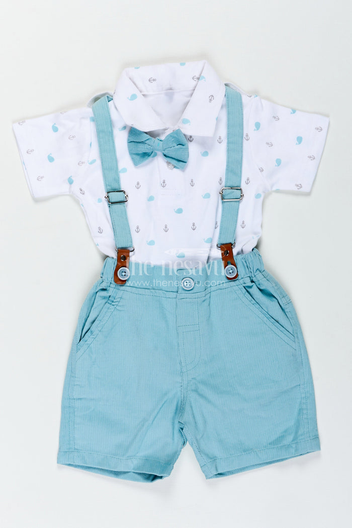 The Nesavu Boys Casual Set Boys Dress Set with Bow Tie in Mint Green Shorts and Nautical Print Polo for Smart Casual Wear Nesavu 12 (3M) / Blue BCS326B-12 Nesavu Boys Dress Set Bow Tie Mint Green Corduroy Shorts Stylish Daywear Looks