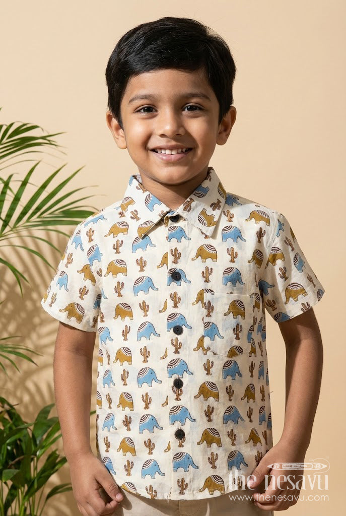 The Nesavu Boys Cotton Shirt Boys Elephant and Cactus Print Shirt for Travel and Casual Dressing Nesavu 20 (3Y) / Multicolor / Cotton BS392A-20 Nesavu boys cotton shirt with elephant and cactus print for travel, playdates and casual days