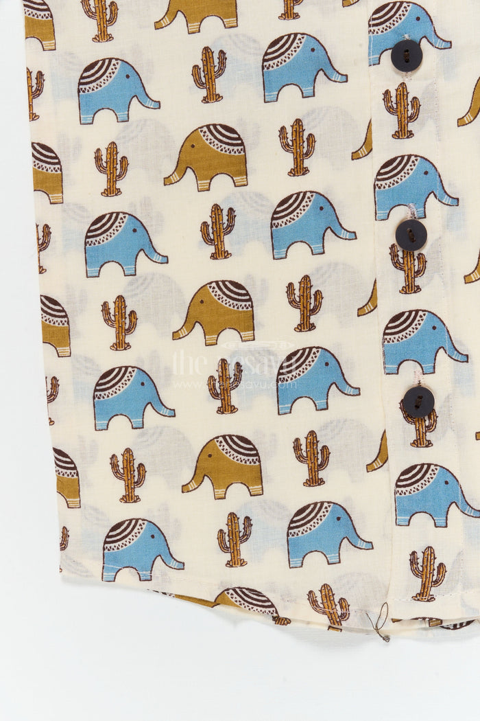 The Nesavu Boys Cotton Shirt Boys Elephant and Cactus Print Shirt for Travel and Casual Dressing Nesavu Nesavu boys cotton shirt with elephant and cactus print for travel, playdates and casual days