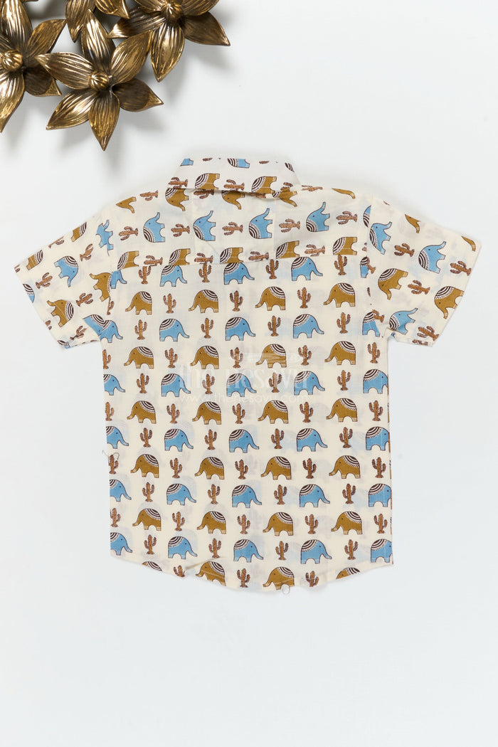 The Nesavu Boys Cotton Shirt Boys Elephant and Cactus Print Shirt for Travel and Casual Dressing Nesavu Nesavu boys cotton shirt with elephant and cactus print for travel, playdates and casual days
