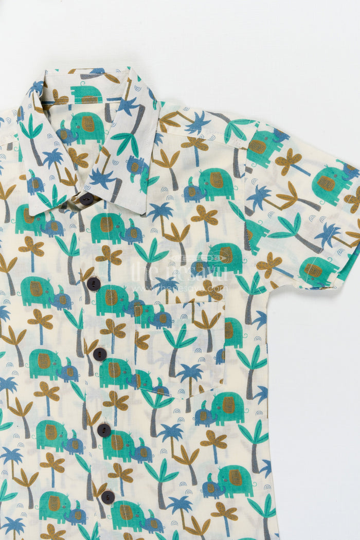 The Nesavu Boys Cotton Shirt Boys Elephant Print Cotton Shirt for Day Trips and Casual Wear Nesavu Nesavu boys cotton shirt with elephant print for summer outings and zoo day adventures