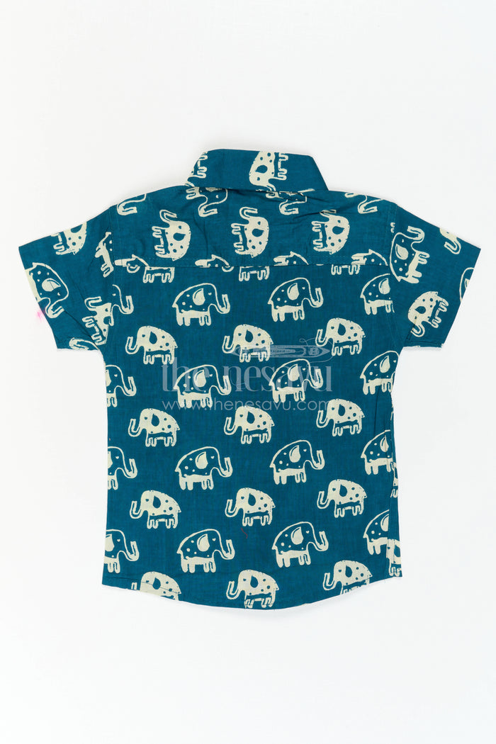 The Nesavu Boys Cotton Shirt Boys Elephant Print Cotton Shirt for Playful Casual Outings Nesavu Nesavu Boys Blue Cotton Shirt With Elephant Animal Print For Playful Casual Wear