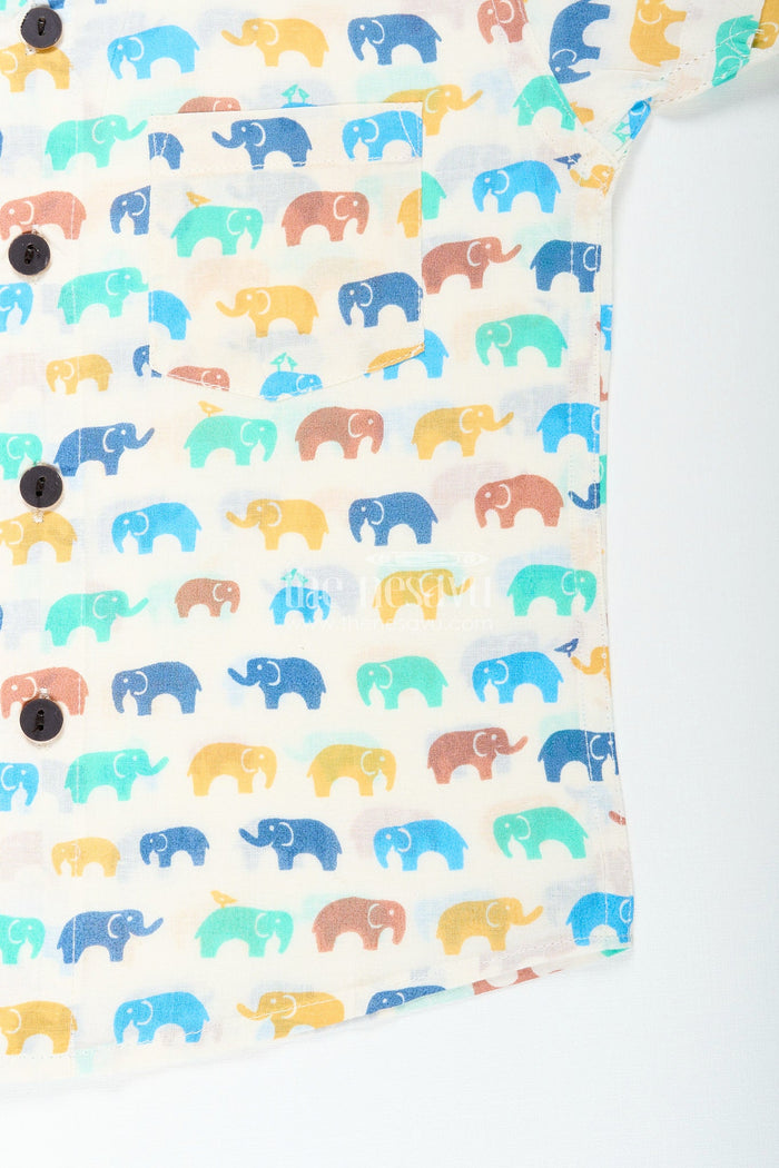 The Nesavu Boys Cotton Shirt Boys elephant print shirt in pastel cotton for festive and everyday wear Nesavu Nesavu boys pastel elephant print cotton shirt  festive lightweight summer events