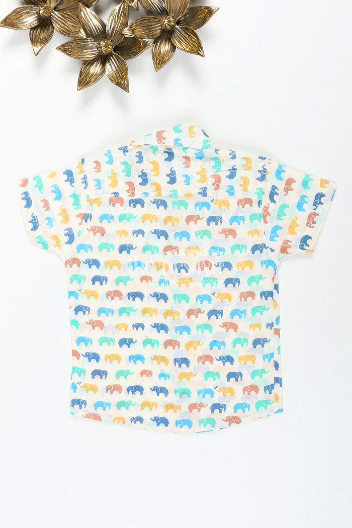 The Nesavu Boys Cotton Shirt Boys elephant print shirt in pastel cotton for festive and everyday wear Nesavu Nesavu boys pastel elephant print cotton shirt  festive lightweight summer events