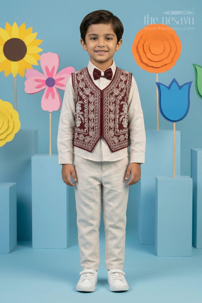 The Nesavu Boys Jacket Sets Boys Embroidered Jacket Outfit for Weddings and Festive Gatherings Nesavu 14 (6M) / Cream / Cotton BCS578A-14 Nesavu boys cotton jacket outfit with embroidered waistcoat for weddings and festive occasions