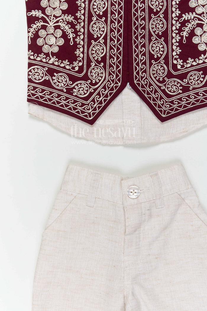 The Nesavu Boys Jacket Sets Boys Embroidered Jacket Outfit for Weddings and Festive Gatherings Nesavu Nesavu boys cotton jacket outfit with embroidered waistcoat for weddings and festive occasions