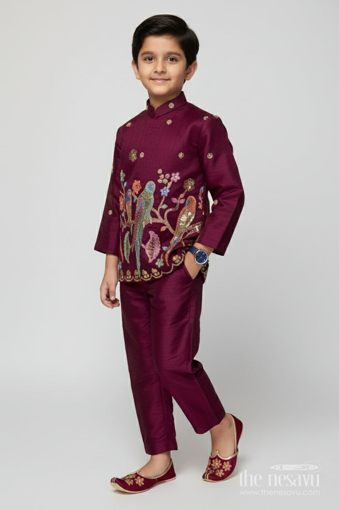 The Nesavu Boys Kurtha Set Boys Embroidered Kurta Set with Bird Motif for Festive Performances and Weddings Nesavu 16 (1Y) / Purple BES863B-16 Nesavu boys kurta set embroidered bird motif weddings festive performances