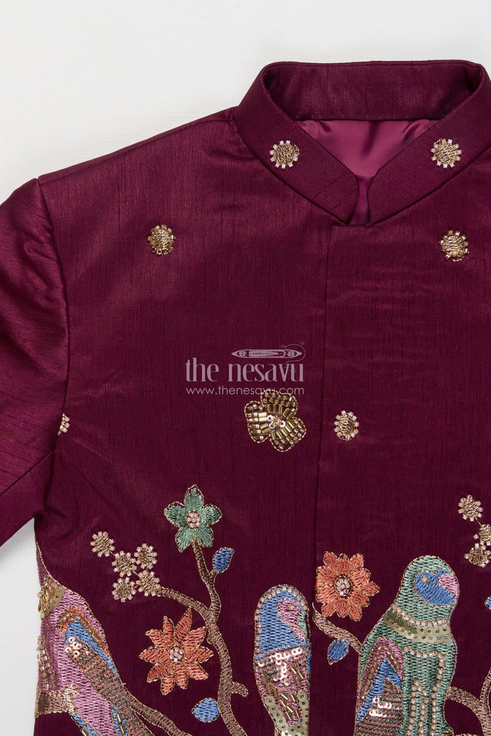 The Nesavu Boys Kurtha Set Boys Embroidered Kurta Set with Bird Motif for Festive Performances and Weddings Nesavu Nesavu boys kurta set embroidered bird motif weddings festive performances
