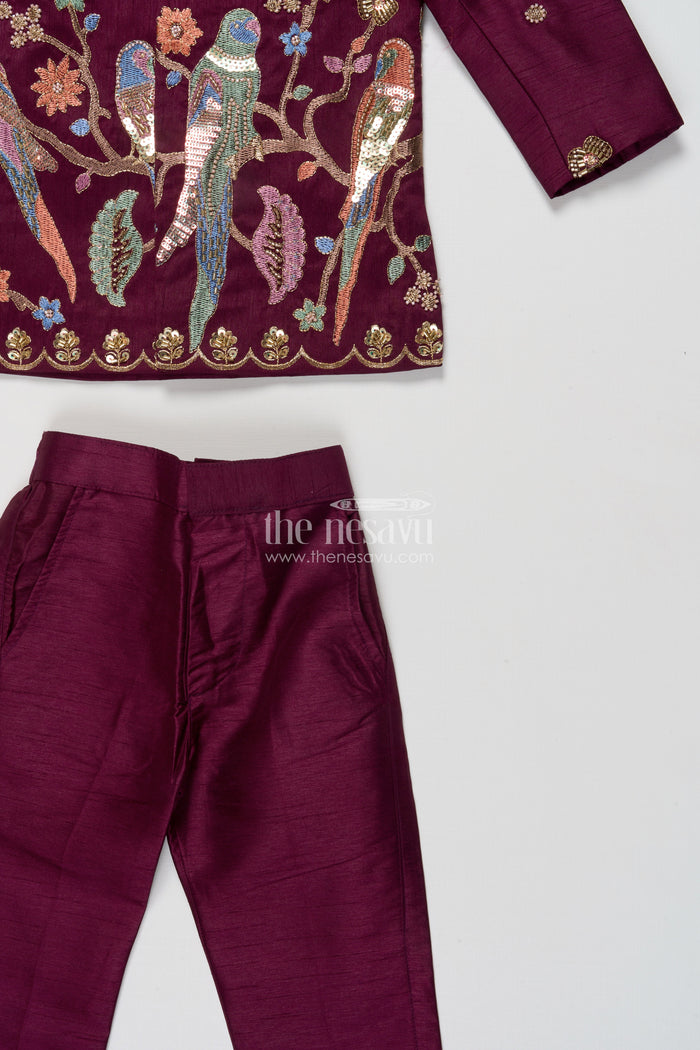 The Nesavu Boys Kurtha Set Boys Embroidered Kurta Set with Bird Motif for Festive Performances and Weddings Nesavu Nesavu boys kurta set embroidered bird motif weddings festive performances