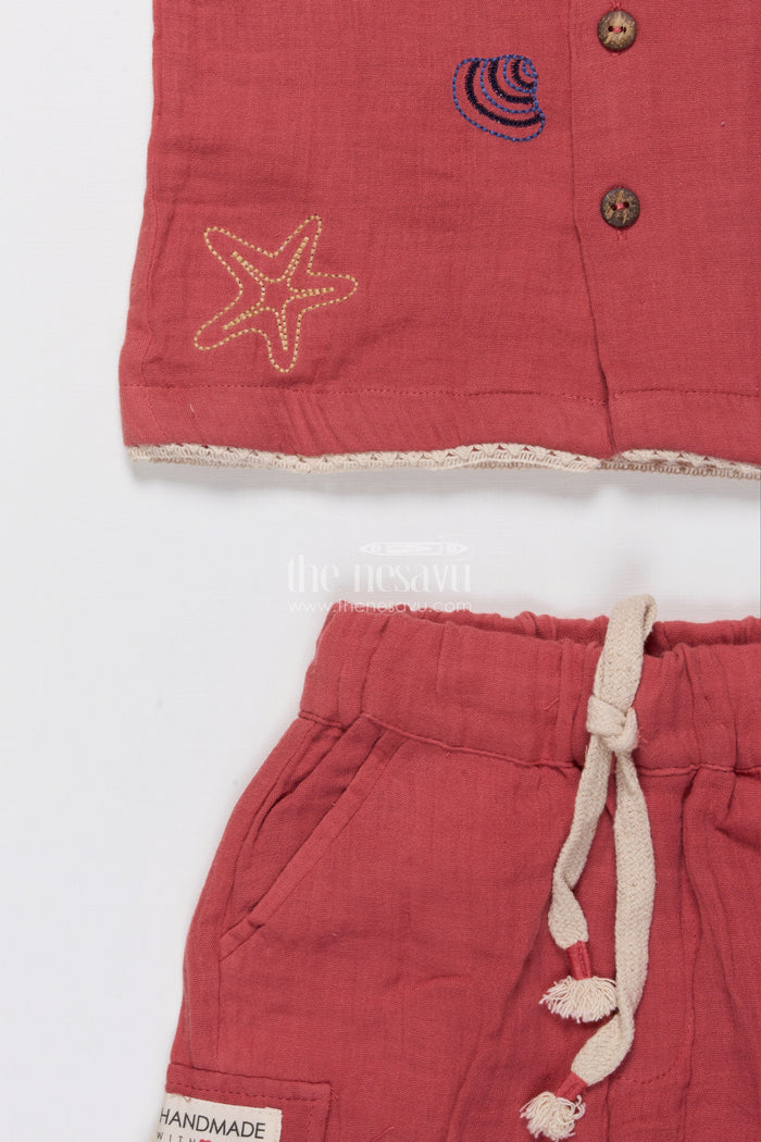 The Nesavu Boys Casual Set Boys Embroidered Muslin Cotton Short Set  Festive Casual Wear Nesavu Nesavu boys muslin cotton festive outfit thread embroidery  shirt shorts set