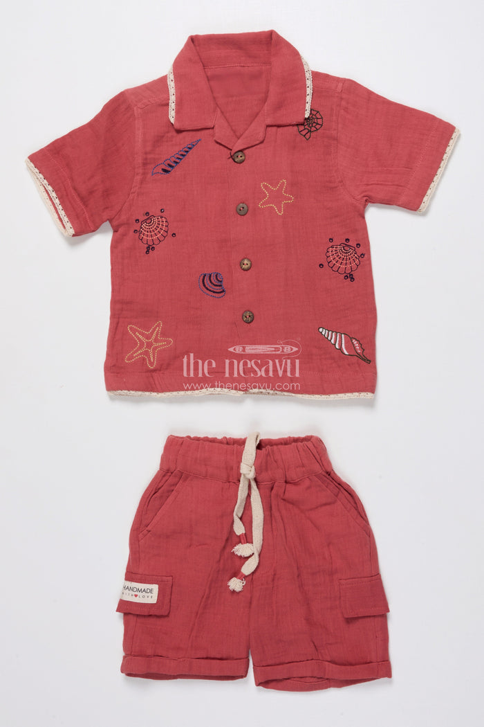 The Nesavu Boys Casual Set Boys Embroidered Muslin Cotton Short Set  Festive Casual Wear Nesavu Nesavu boys muslin cotton festive outfit thread embroidery  shirt shorts set