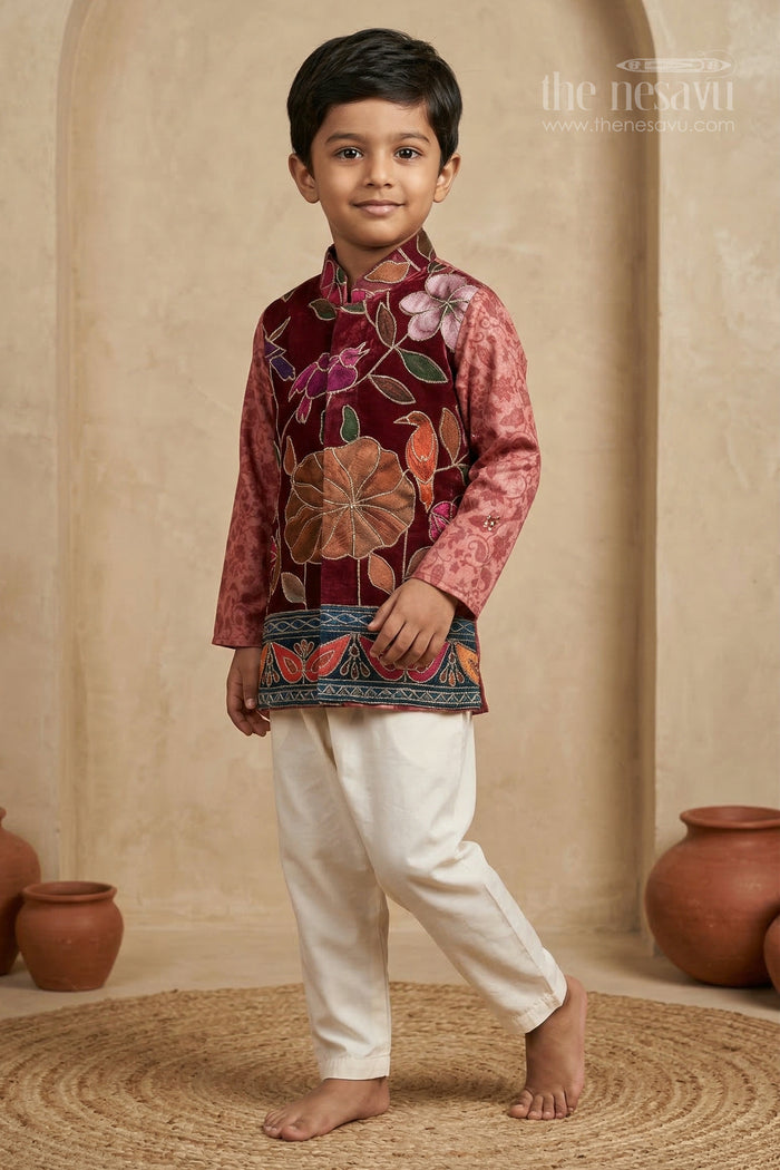 The Nesavu Boys Jacket Sets Boys Ethnic Jacket Set for Family Functions and Celebrations Nesavu 14 (6M) / Red / Viscose Silk BES950B-14 Nesavu Boys Ethnic Jacket Set For Weddings And Festive Events In Embroidered Viscose Silk