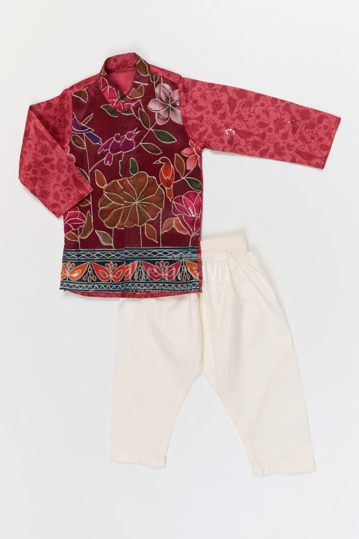 The Nesavu Boys Jacket Sets Boys Ethnic Jacket Set for Family Functions and Celebrations Nesavu 14 (6M) / Red / Viscose Silk BES950B-14 Nesavu Boys Ethnic Jacket Set For Weddings And Festive Events In Embroidered Viscose Silk
