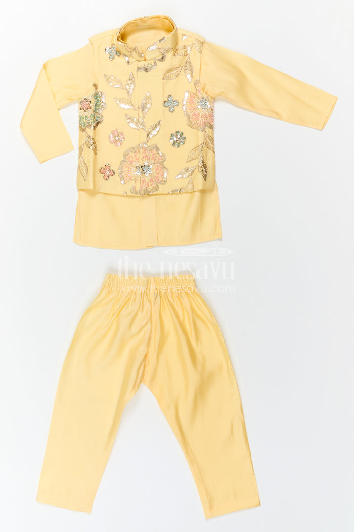The Nesavu Boys Jacket Sets Boys Ethnic Jacket Set for Temple and Festive Celebrations Nesavu Nesavu Boys Yellow Jacket Set With Sequence Embroidery In Viscose Silk For Weddings And Festive Wear