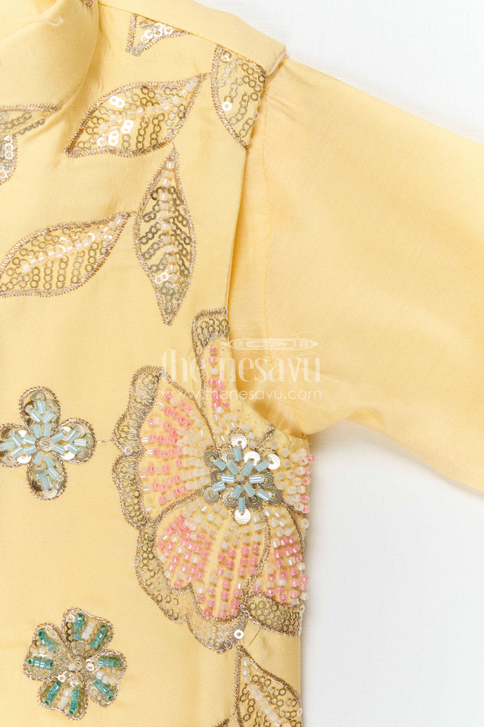 The Nesavu Boys Jacket Sets Boys Ethnic Jacket Set for Temple and Festive Celebrations Nesavu Nesavu Boys Yellow Jacket Set With Sequence Embroidery In Viscose Silk For Weddings And Festive Wear