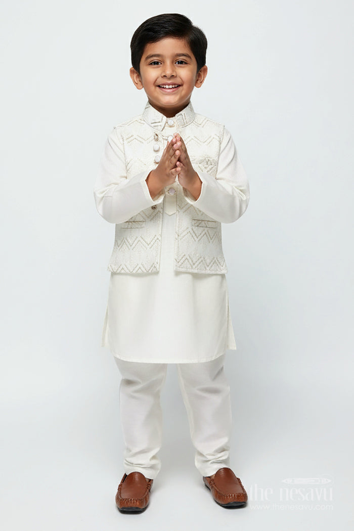 The Nesavu Boys Jacket Sets Boys Ethnic Jacket Set with Embroidered Nehru Vest for Poojas and Functions Nesavu 14 (6M) / Cream BES915A-14 Nesavu boys cotton ethnic jacket set embroidery traditional occasions