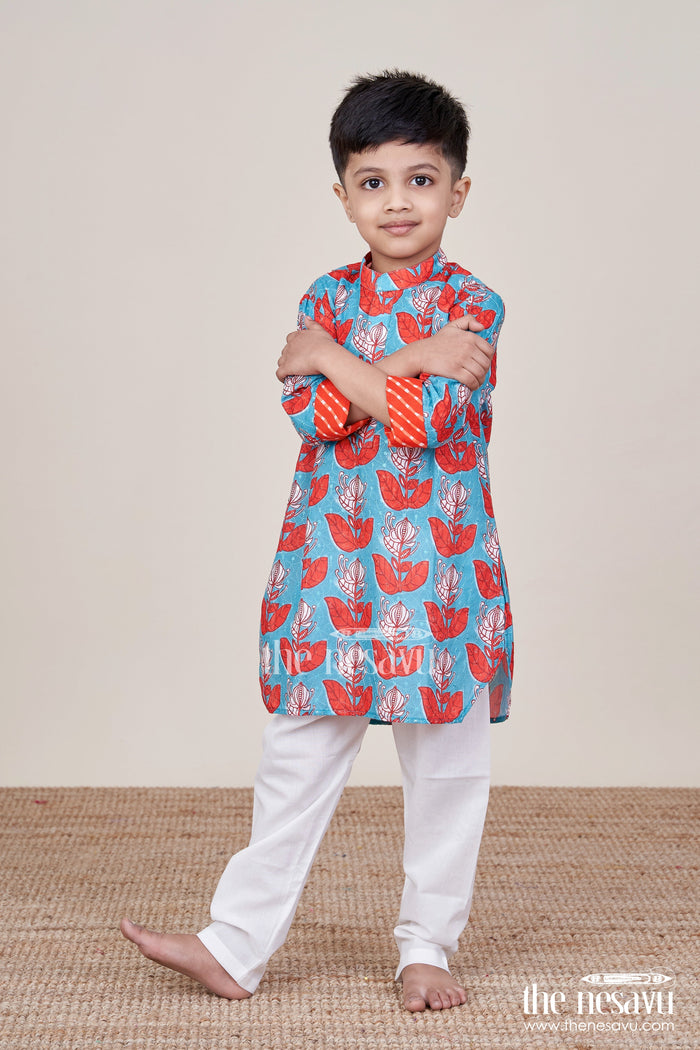 The Nesavu Boys Kurtha Set Boys Ethnic Printed Kurta Pyjama Set for Cultural Celebrations Nesavu Nesavu boys kurta pyjama set short sleeves festive wear birthday events