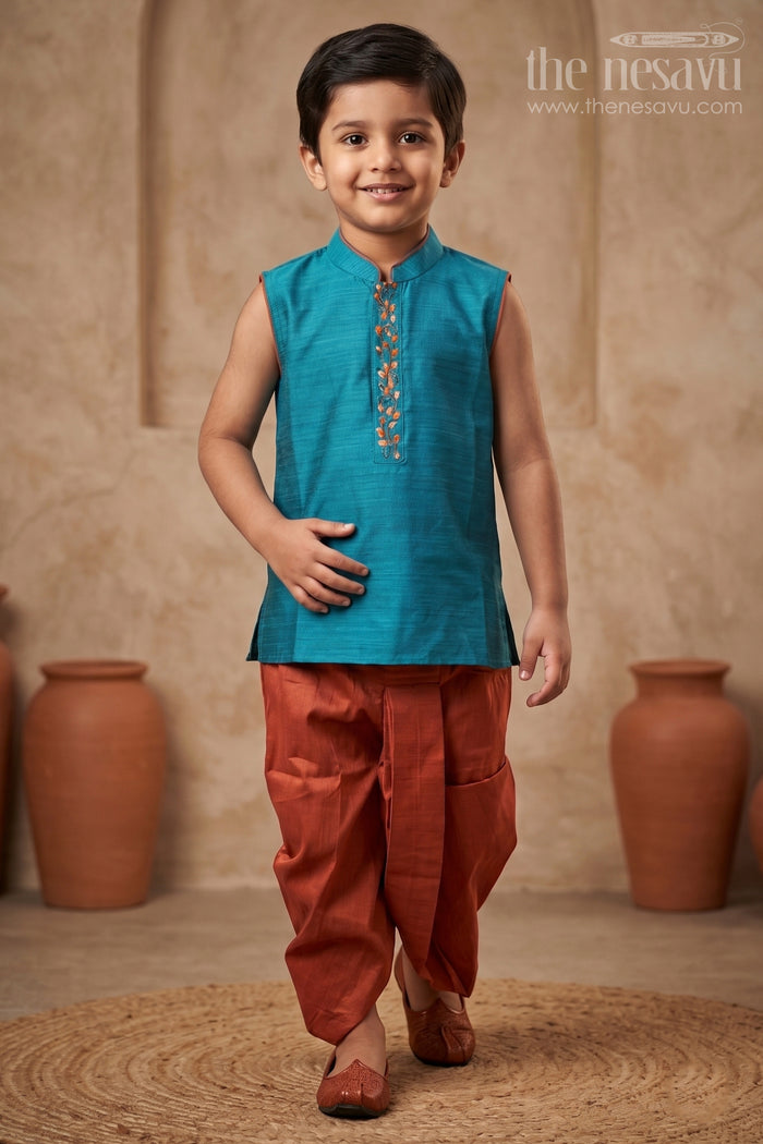 The Nesavu Boys Dothi Set Boys Festive Blue Sleeveless Kurta with Dhoti Ensemble Nesavu 12 (3M) / Blue / Blend Silk BES480B-12 Boys Blue Sleeveless Kurta Dhoti Set Traditional Festive Children s Wear | The Nesavu