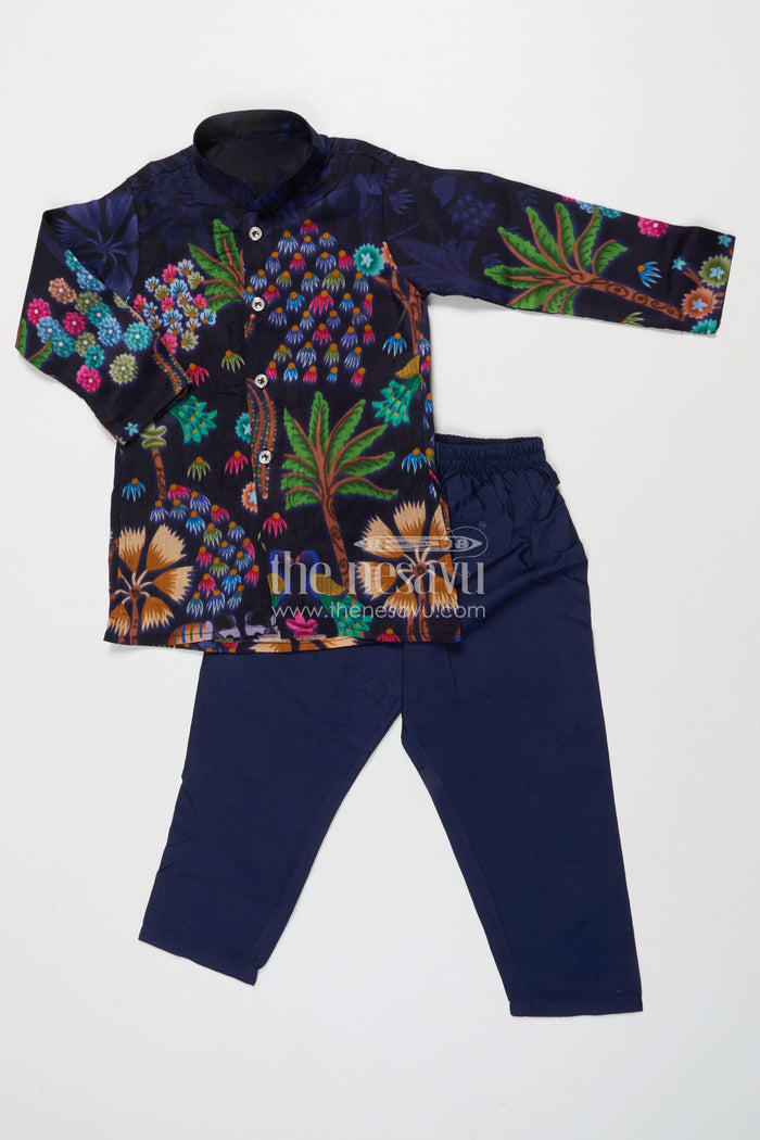 The Nesavu Boys Jacket Sets Boys Festive Jacket Kurta Set for Weddings and Photo Sessions Nesavu Nesavu boys festive jacket kurta set with digital print – perfect for weddings and stage events
