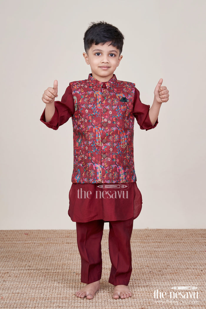 The Nesavu Boys Jacket Sets Boys Festive Jacket Set for Weddings and Special Occasions Nesavu 16 (1Y) / Maroon BES911B-16 Nesavu boys ethnic jacket set digital print weddings festive family occasions