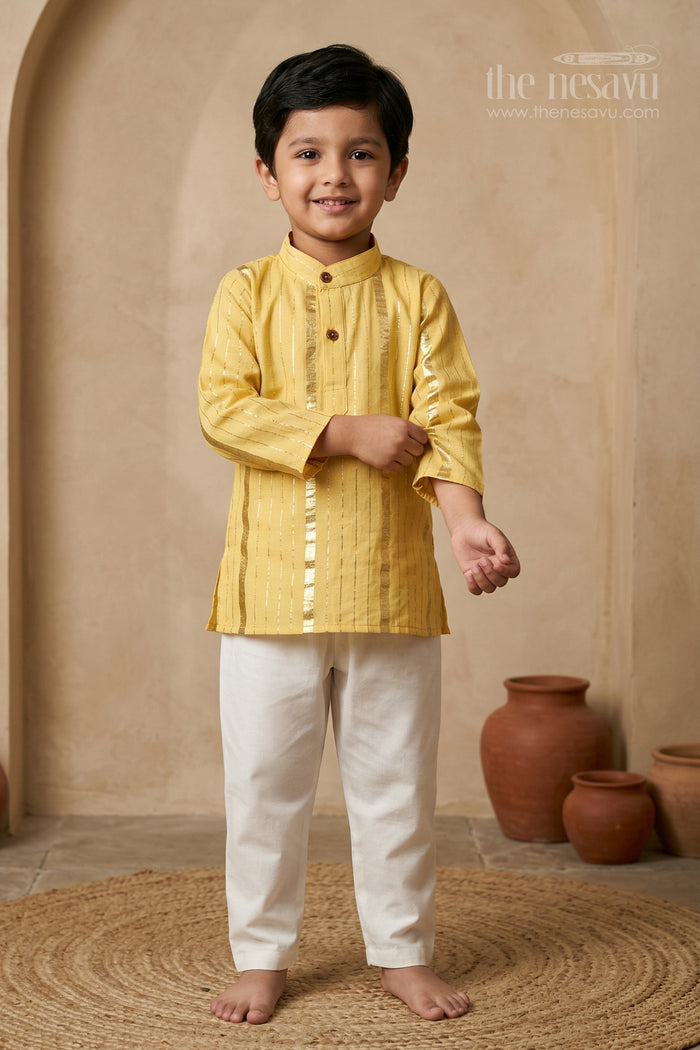 The Nesavu Boys Kurtha Set Boys Festive Kurta Set for Celebrations and Temple Functions Nesavu 12 (3M) / Yellow / Cotton BES964B-12 Nesavu boys cotton kurta set with lurax zari for festive occasions and temple celebrations