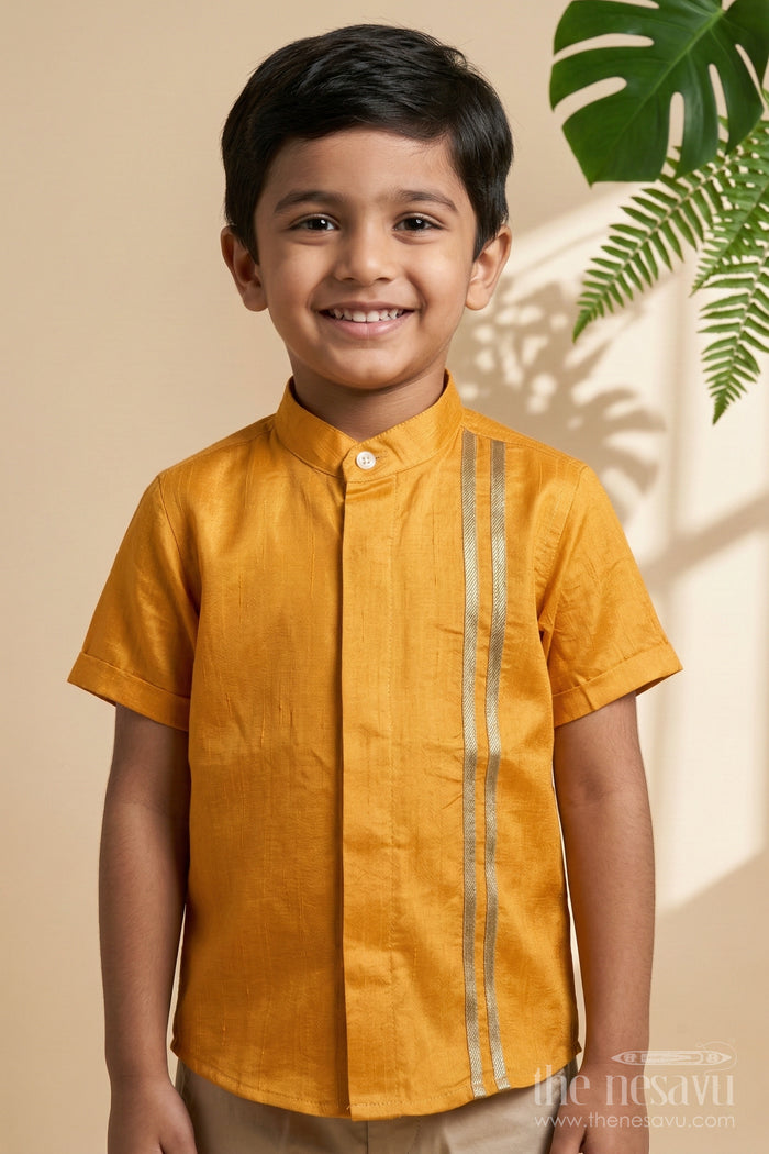 The Nesavu Boys Silk Shirt Boys Festive Silk Shirt for Ethnic School Days and Poojas Nesavu 14 (6M) / Yellow / Silk Blend BS398C-14 Nesavu boys yellow semi raw silk shirt with tissue stripes for school ethnic day and festive poojas