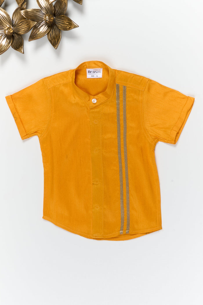 The Nesavu Boys Silk Shirt Boys Festive Silk Shirt for Ethnic School Days and Poojas Nesavu 14 (6M) / Yellow / Silk Blend BS398C-14 Nesavu boys yellow semi raw silk shirt with tissue stripes for school ethnic day and festive poojas