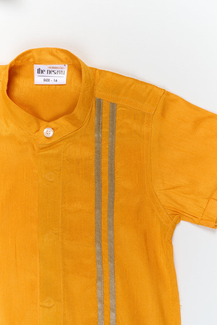 The Nesavu Boys Silk Shirt Boys Festive Silk Shirt for Ethnic School Days and Poojas Nesavu Nesavu boys yellow semi raw silk shirt with tissue stripes for school ethnic day and festive poojas