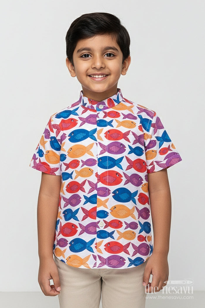 The Nesavu Boys Linen Shirt Boys Fish Print Linen Shirt for Beach Days and Playful Summer Outings Nesavu 16 (1Y) / Multicolor BS365A-16 Nesavu boys fish print linen shirt beach vacations summer outings casual play