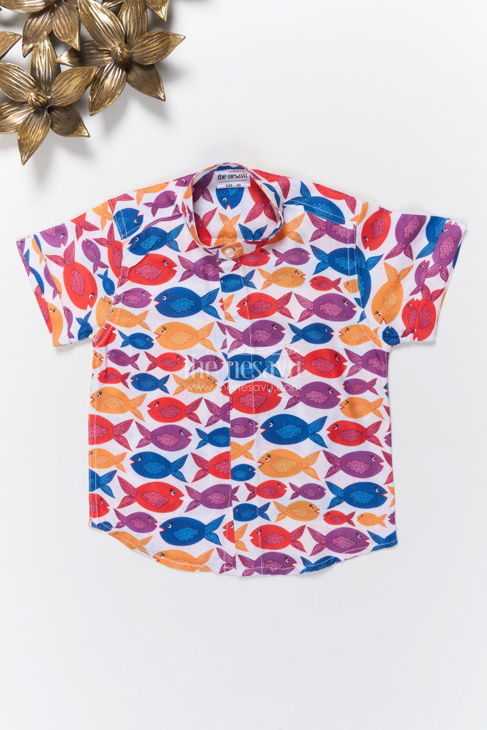 The Nesavu Boys Linen Shirt Boys Fish Print Linen Shirt for Beach Days and Playful Summer Outings Nesavu 16 (1Y) / Multicolor BS365A-16 Nesavu boys fish print linen shirt beach vacations summer outings casual play