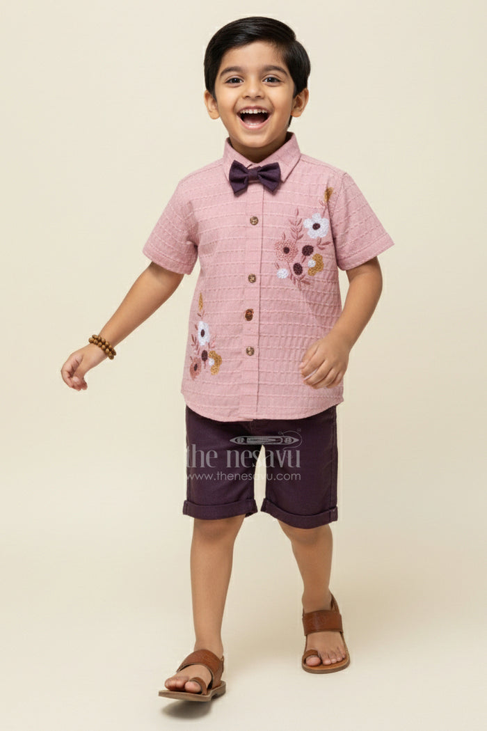 The Nesavu Boys Casual Set Boys Floral Embroidered Outfit for Casual Functions and Family Photos Nesavu 14 (6M) / Peach BCS445B-14 Nesavu boys floral embroidered shirt shorts set bow tie festive events photo days