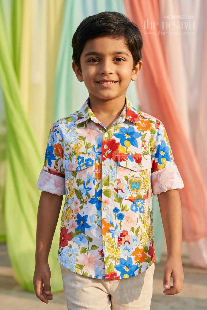 The Nesavu Boys Cotton Shirt Boys Floral Print Cotton Shirt for Stylish Outings and Casual Celebrations Nesavu 20 (3Y) / Multicolor / Cotton BS424A-20 Nesavu boys cotton floral print shirt for casual outings birthday parties and kids fashion