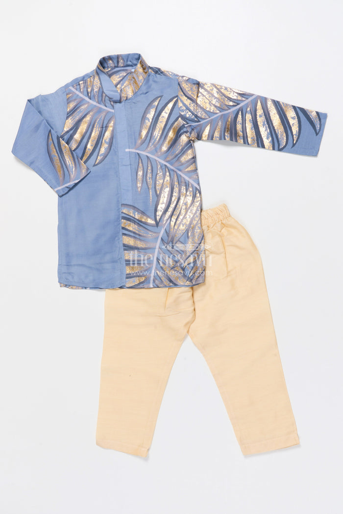 The Nesavu Boys Kurtha Set Boys Foil Print Kurta Set for Ethnic School Day and Casual Festivities Nesavu 14 (6M) / Gray BES860A-14 Nesavu boys foil print kurta set blended silk school ethnic day cultural celebrations