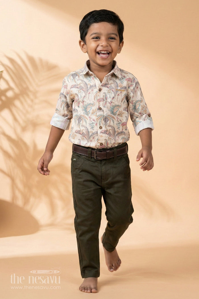 The Nesavu Boys Casual Set Boys Full-Sleeve Botanical Print Shirt and Black Pants Set with a Classic Casual Fit Nesavu 16 (1Y) / White BCS171A-16 Nesavu Boys Full-Sleeve Botanical Print Shirt Black Pants Set Casual Festive Occasions