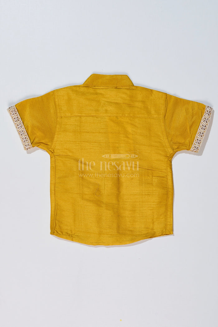 The Nesavu Boys Silk Shirt Boys Half Sleeve Yellow Shirt with Rich Silk Blend and Elegant Lace Detailing for Festive Wear Nesavu Nesavu Boys Half Sleeve Yellow Shirt Silk Blend Fabric Elegant Lace Embroidery