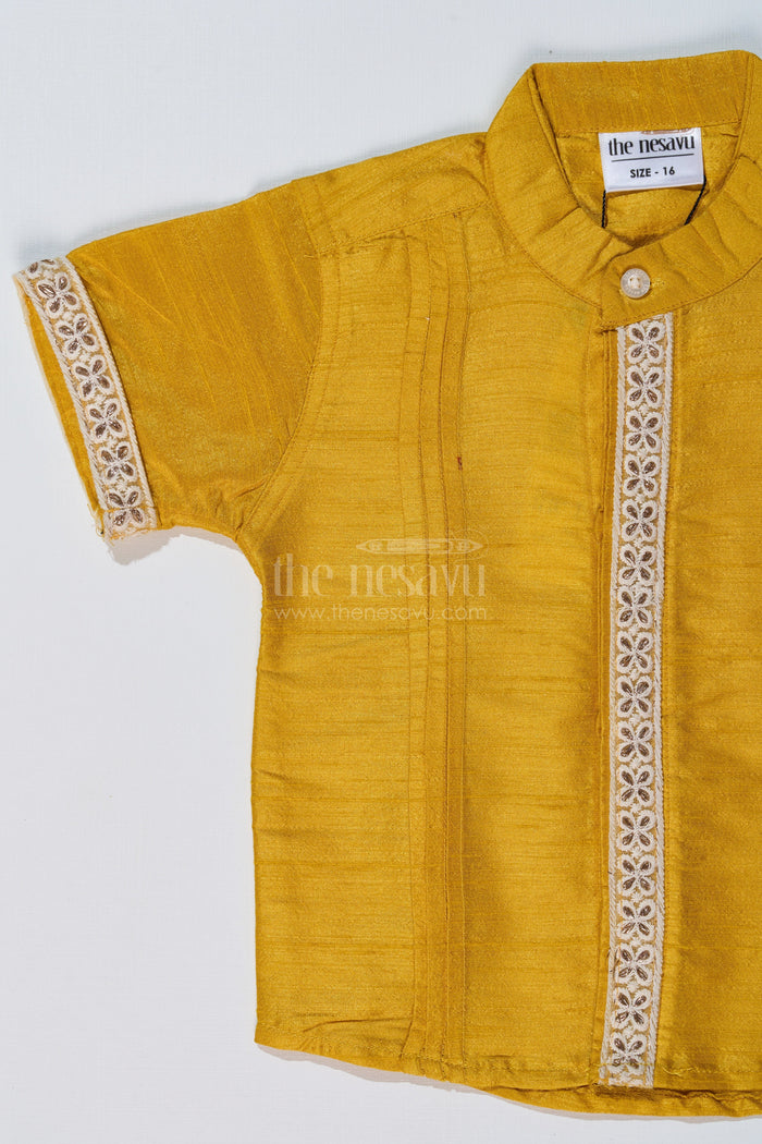 The Nesavu Boys Silk Shirt Boys Half Sleeve Yellow Shirt with Rich Silk Blend and Elegant Lace Detailing for Festive Wear Nesavu Boys Half Sleeve Yellow Shirt Silk Blend Fabric Elegant Lace Embroidery | The Nesavu