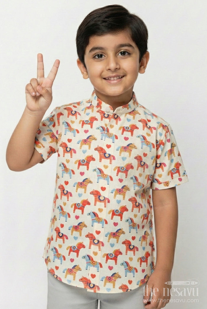 The Nesavu Boys Linen Shirt Boys Horse Print Linen Shirt for Cultural Days and Playful Dressing Nesavu 16 (1Y) / Orange BS369A-16 Nesavu boys horse motif linen shirt school functions festive wear casual occasions