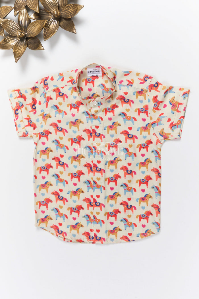 The Nesavu Boys Linen Shirt Boys Horse Print Linen Shirt for Cultural Days and Playful Dressing Nesavu 16 (1Y) / Orange BS369A-16 Nesavu boys horse motif linen shirt school functions festive wear casual occasions