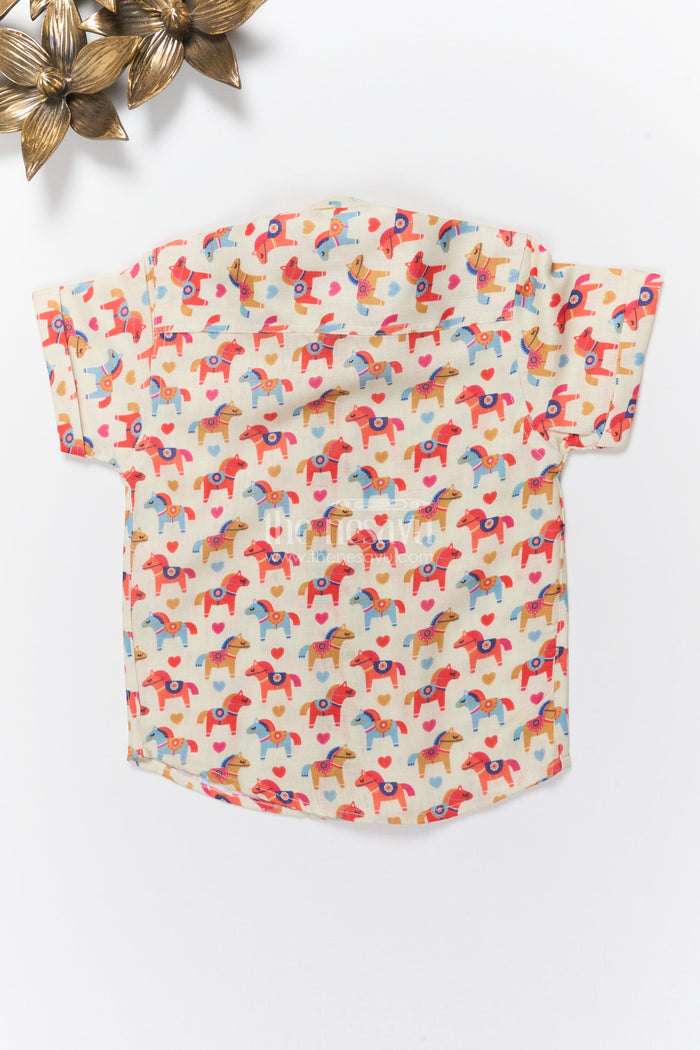 The Nesavu Boys Linen Shirt Boys Horse Print Linen Shirt for Cultural Days and Playful Dressing Nesavu Nesavu boys horse motif linen shirt school functions festive wear casual occasions