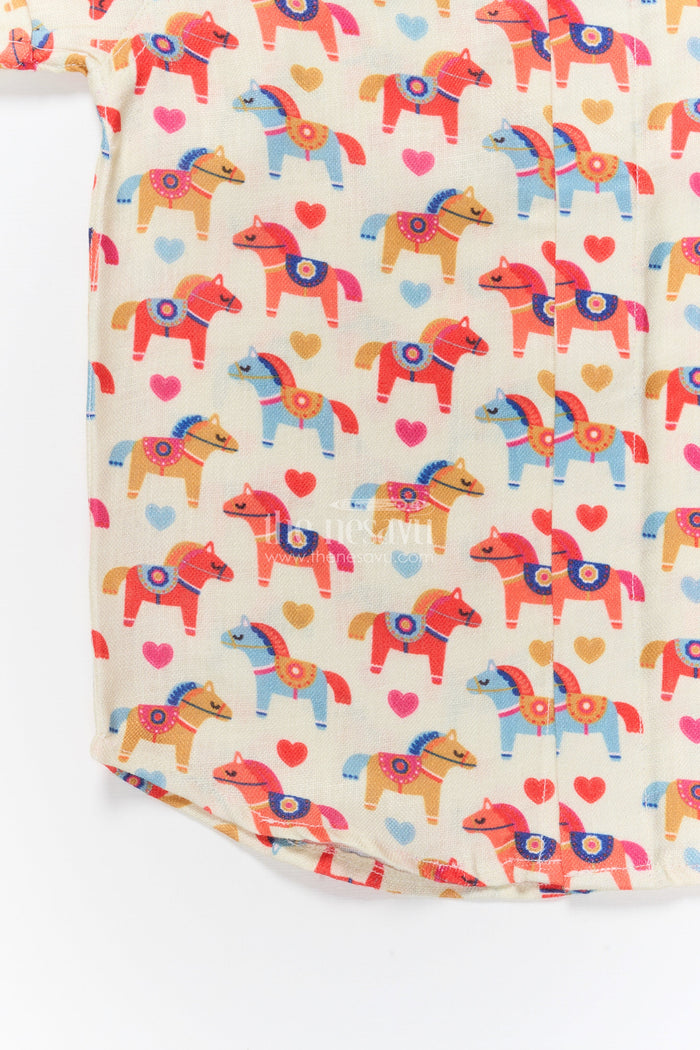 The Nesavu Boys Linen Shirt Boys Horse Print Linen Shirt for Cultural Days and Playful Dressing Nesavu Nesavu boys horse motif linen shirt school functions festive wear casual occasions