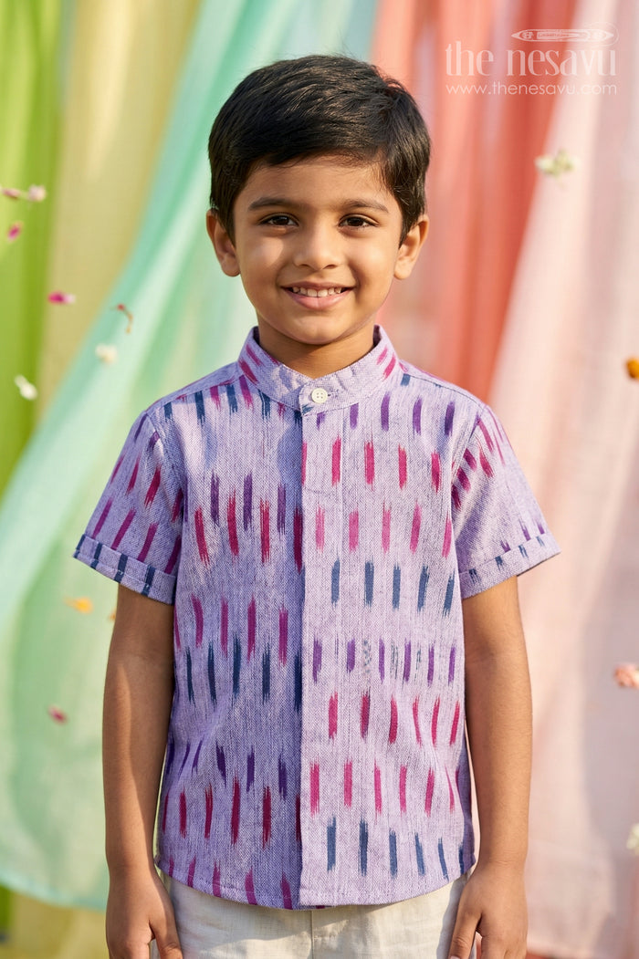 The Nesavu Boys Cotton Shirt Boys Ikkat Cotton Shirt for Festive Outings and Ethnic Wear Nesavu 14 (6M) / Purple / Ikkat BS456A-14 Nesavu Boys Ikkat Cotton Shirt For Festive Outings And Ethnic Wear With Breathable Traditional Fabric
